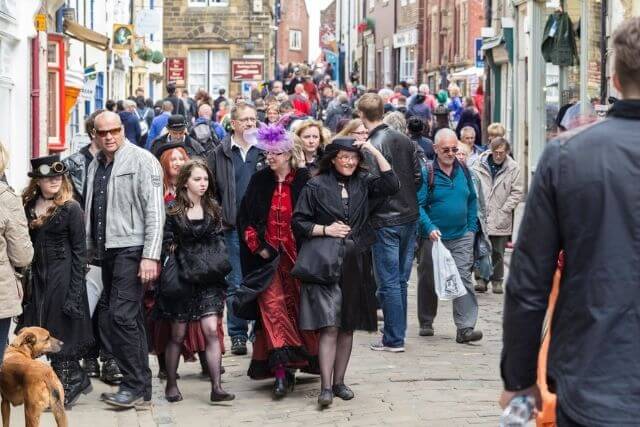 The streets of Whitby, full of people in costume at the Whitby Goth Weeeknd