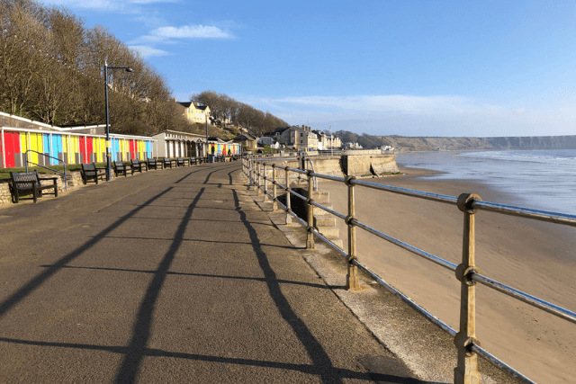 Colourful huts lining the seafront at Filey Beach