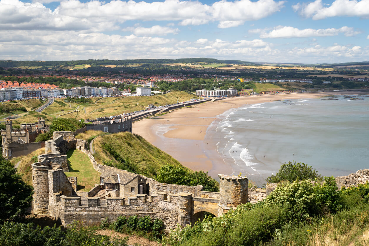 Views of Scarborough Castle with Scarborough Beach in the background