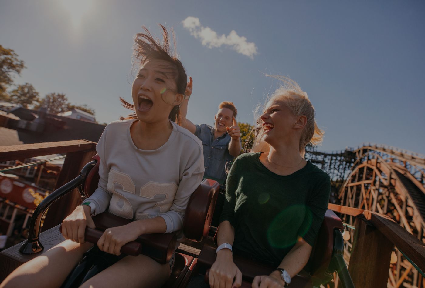 Young friends on thrilling roller coaster ride.