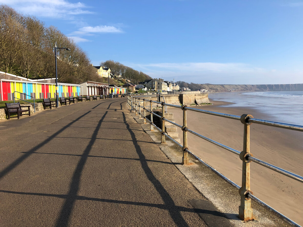 Filey Beach with it's colourful beach huts.
