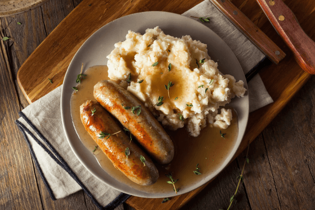 Sausage and Mash in a pub.