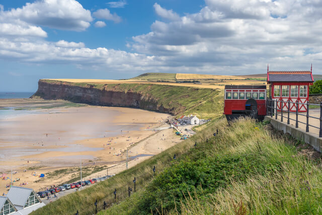 A view across the beach from the cliff top in Saltburn