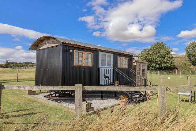Black shepherd’s hut with wooden-framed windows and a small decked entrance, set in a grassy rural field under a blue sky with scattered clouds.
